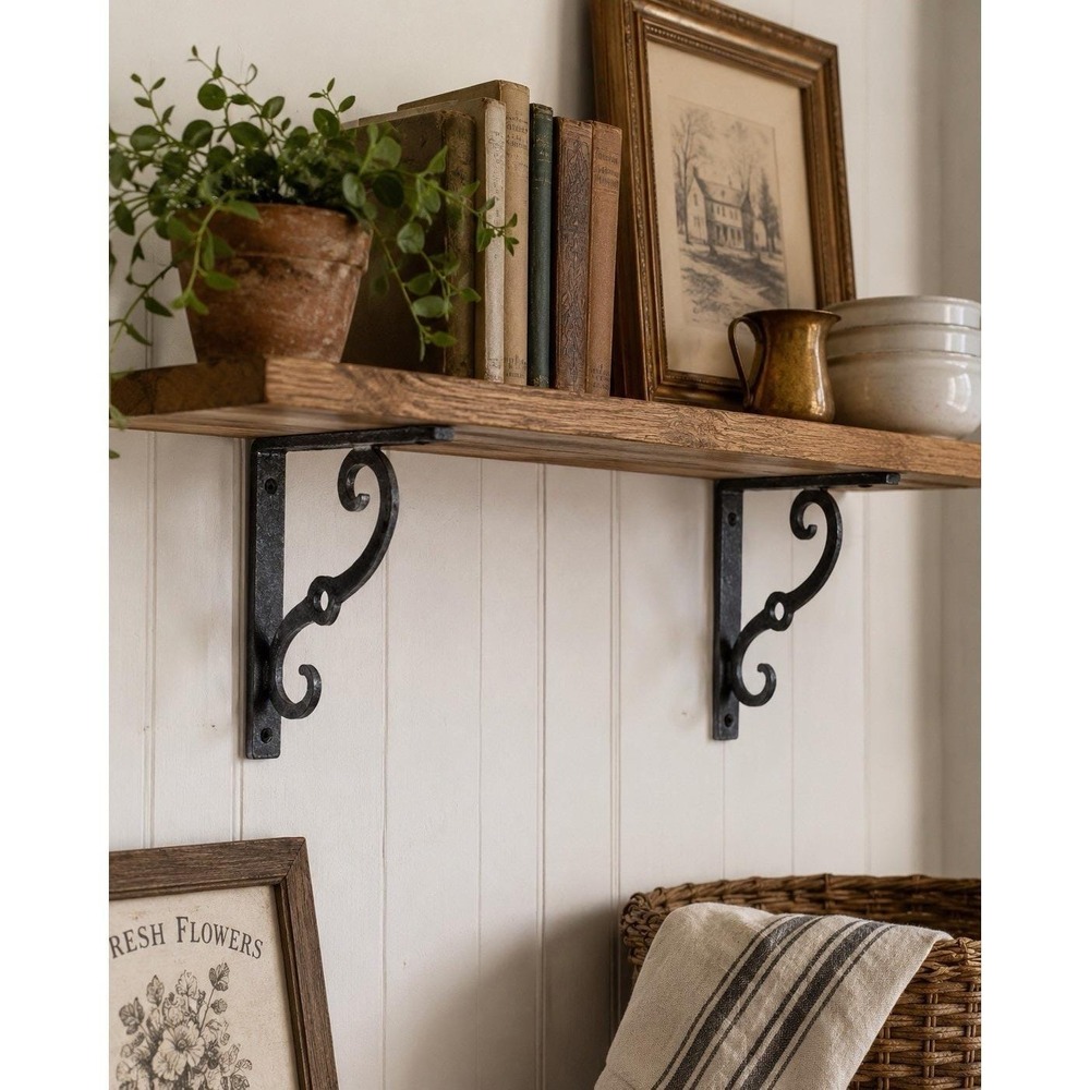 Pair Hand Forged Wrought Iron Shelf Brackets 8x6" Scroll Architectural Rustic